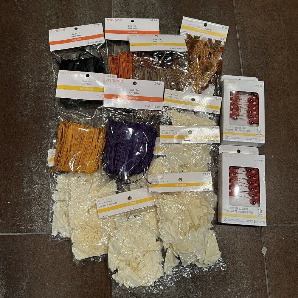 Mixed Lot of 14 Fall Halloween Decor Maple Leaves Raffia Truck String Lights